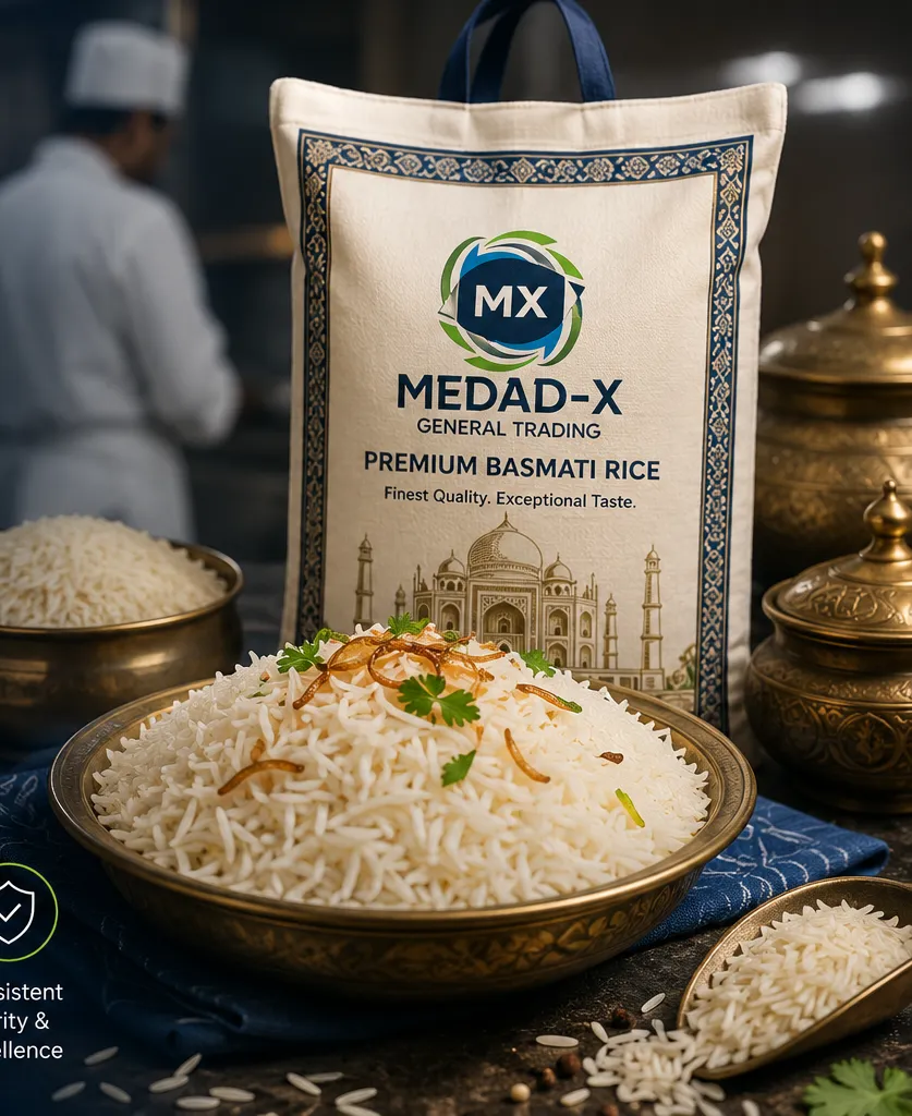 Premium Medad-X basmati rice served in a brass bowl beside a branded rice bag